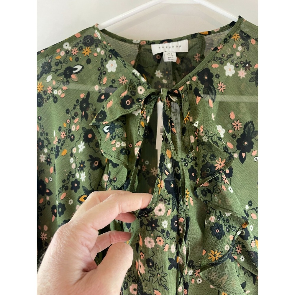 Topshop Blouse Women's Size 4 Green Floral Ruffles Long Sleeve Sheer Soft Top - Picture 4 of 11